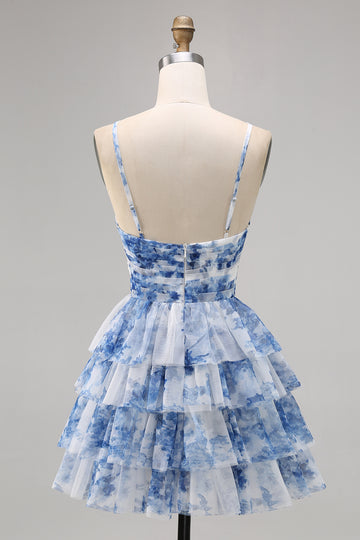 White Blue Flower A-line Tiered Cut Out Short Homecoming Dress